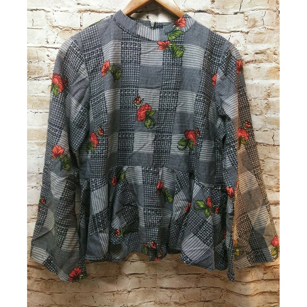True Destiny Women's Blouse Size L Floral Ruffle Flare Sleeve Top Hounds Tooth
